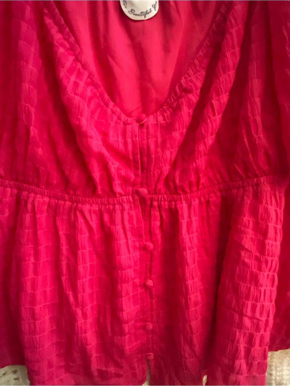 Arula Raspberry Pink Textured Peplum Blouse Size B 2X Flutter Sleeve - Picture 3 of 7